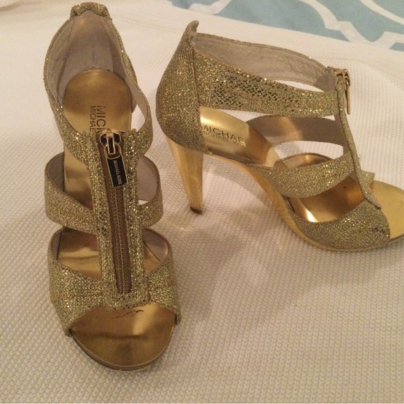 Sz 6.5, Michael Kors Berkeley Gold Glitter Heeled Sandal